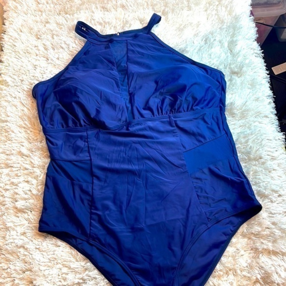 Daci One piece Halter High Neck Mesh Plunge Swimsuit Navy Blue Size 22W